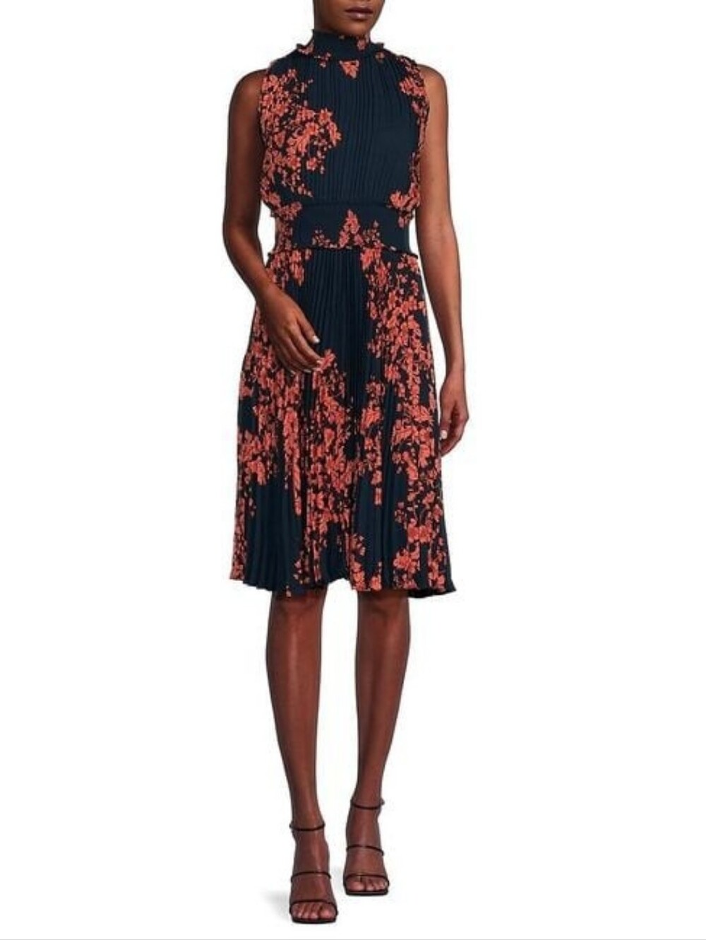 Nanette Lepore Navy & Coral Floral Sleeveless Pleated Dess
